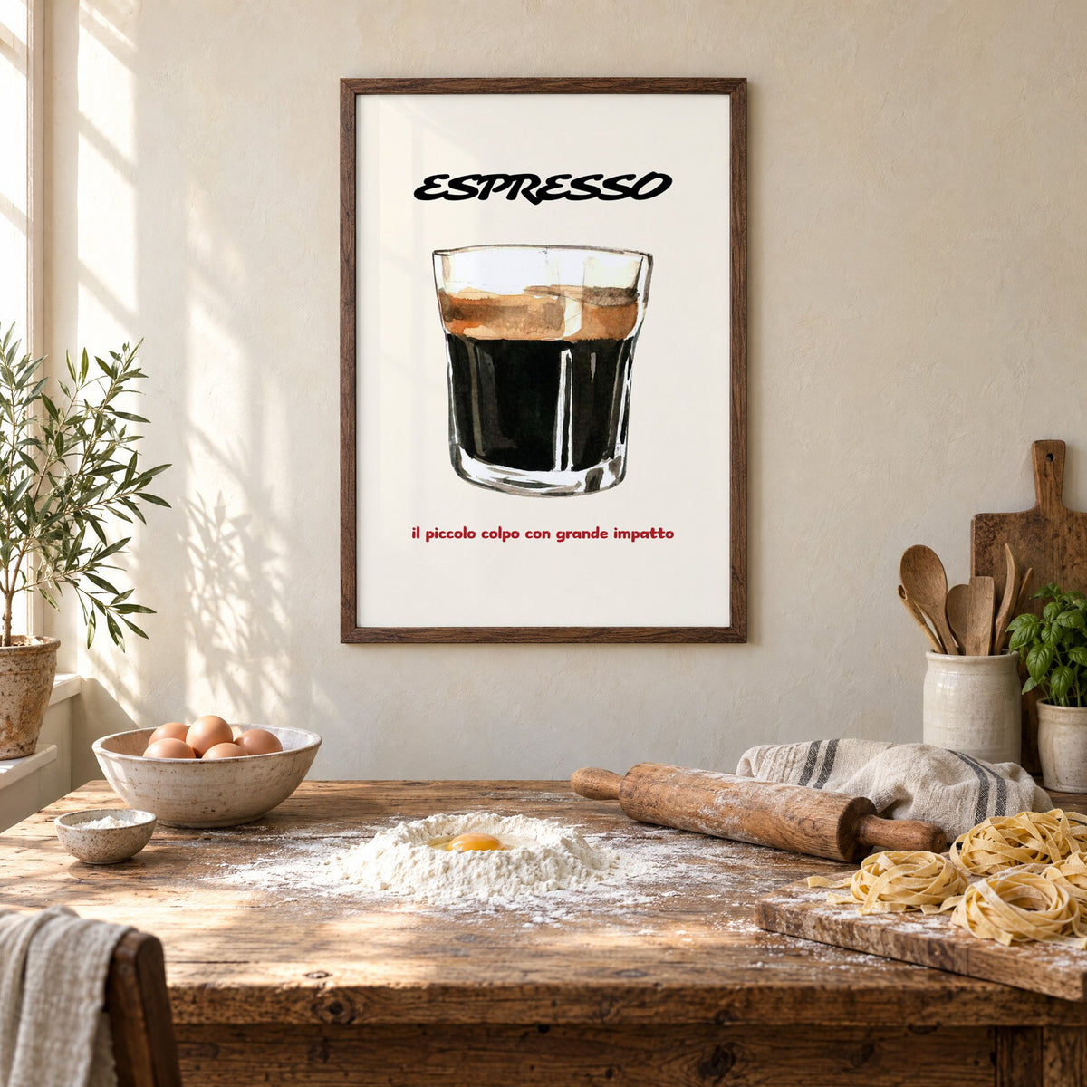 ESPRESSO watercolor glass print in a walnut frame above a rustic table set for making fresh pasta