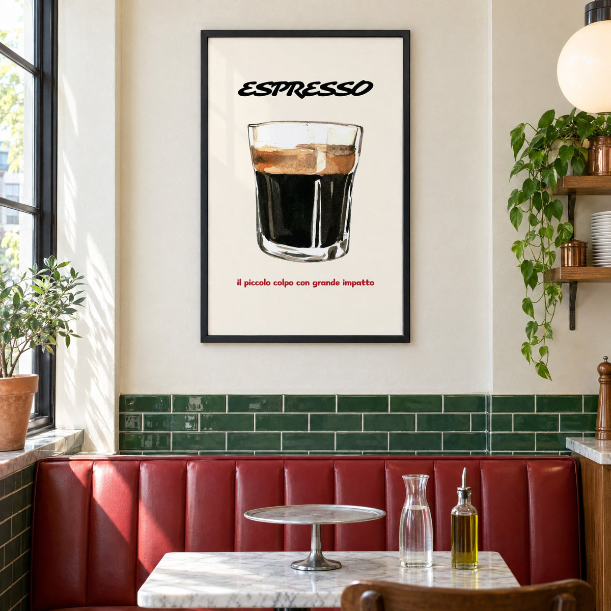 ESPRESSO watercolor glass print in a black frame above a red leather booth in a sunny pizzeria