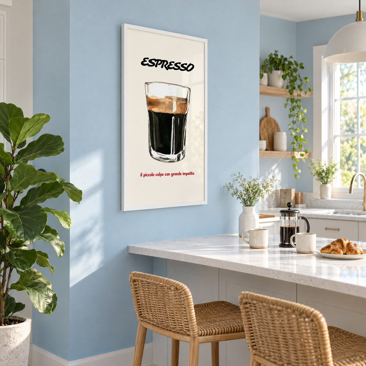 ESPRESSO watercolor glass print in a white frame on a pale blue wall above a breakfast bar with rattan stools