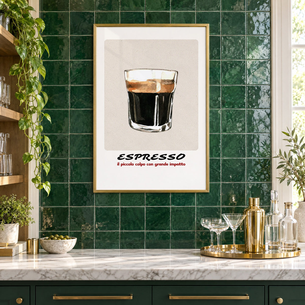 ESPRESSO watercolor glass print in a brass frame on emerald green tiles above a home bar with coupe glasses