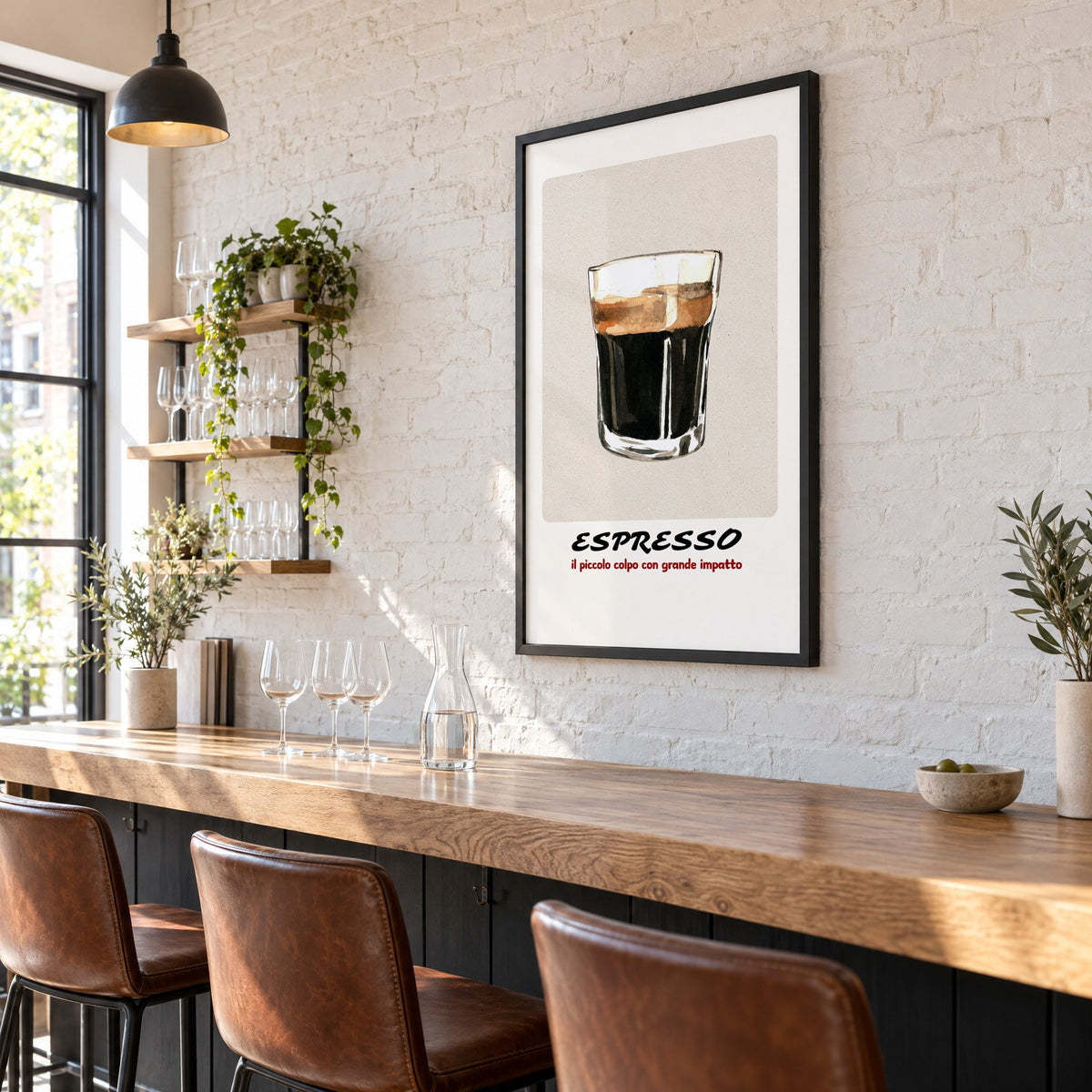 ESPRESSO watercolor glass print in a black frame on a white brick wall above a wine bar counter