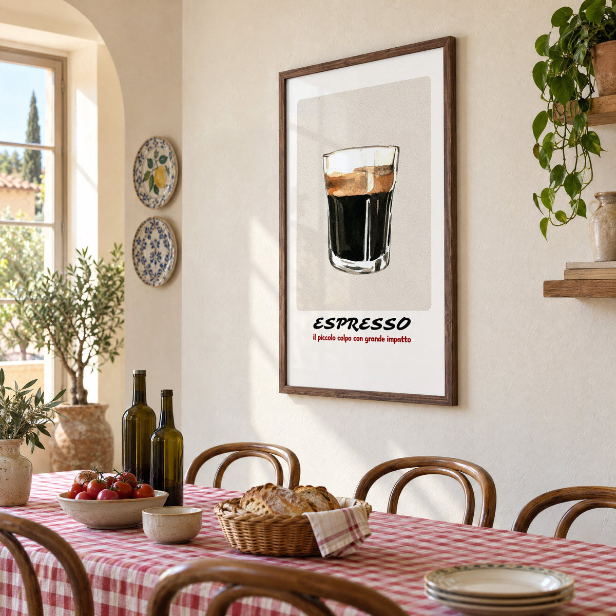 ESPRESSO watercolor glass print in a walnut frame above a gingham-covered trattoria table, seen at an angle