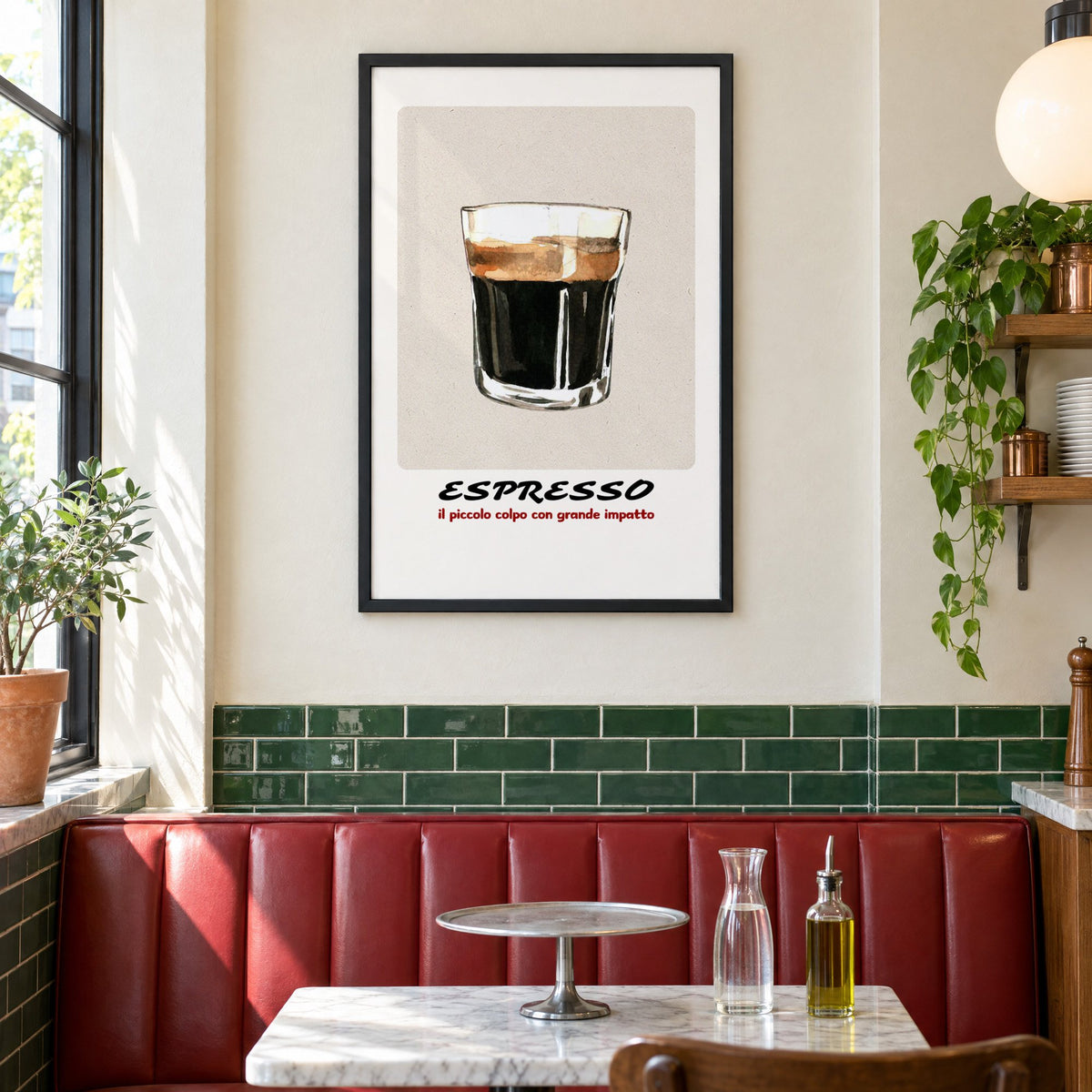 ESPRESSO watercolor glass print in a black frame above a red leather booth in a sunny pizzeria