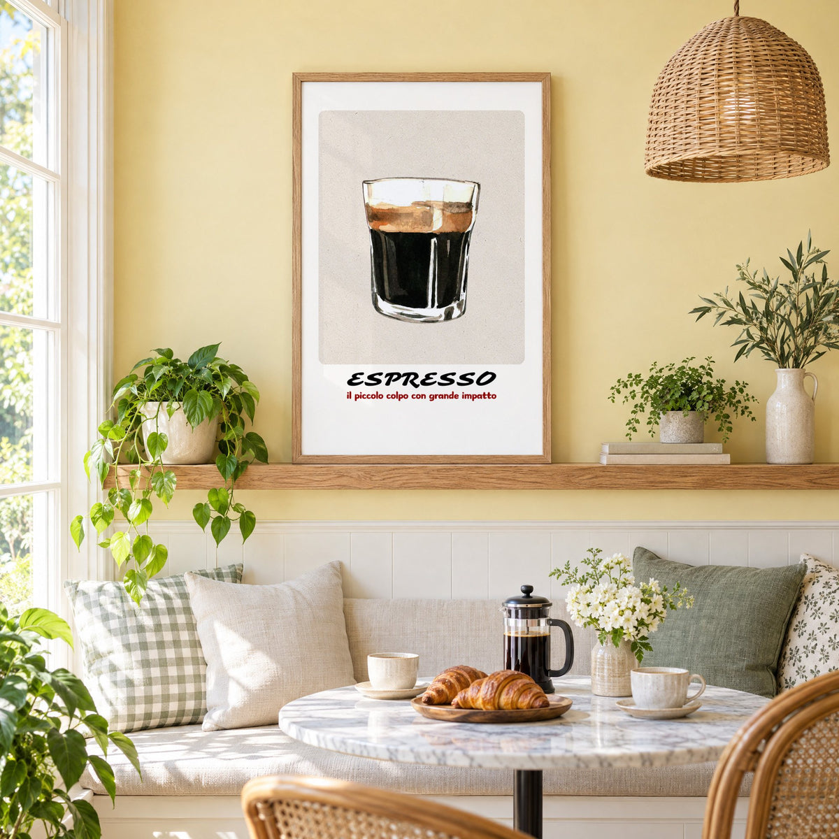 ESPRESSO watercolor glass print in an oak frame on a picture ledge above a sunny breakfast nook