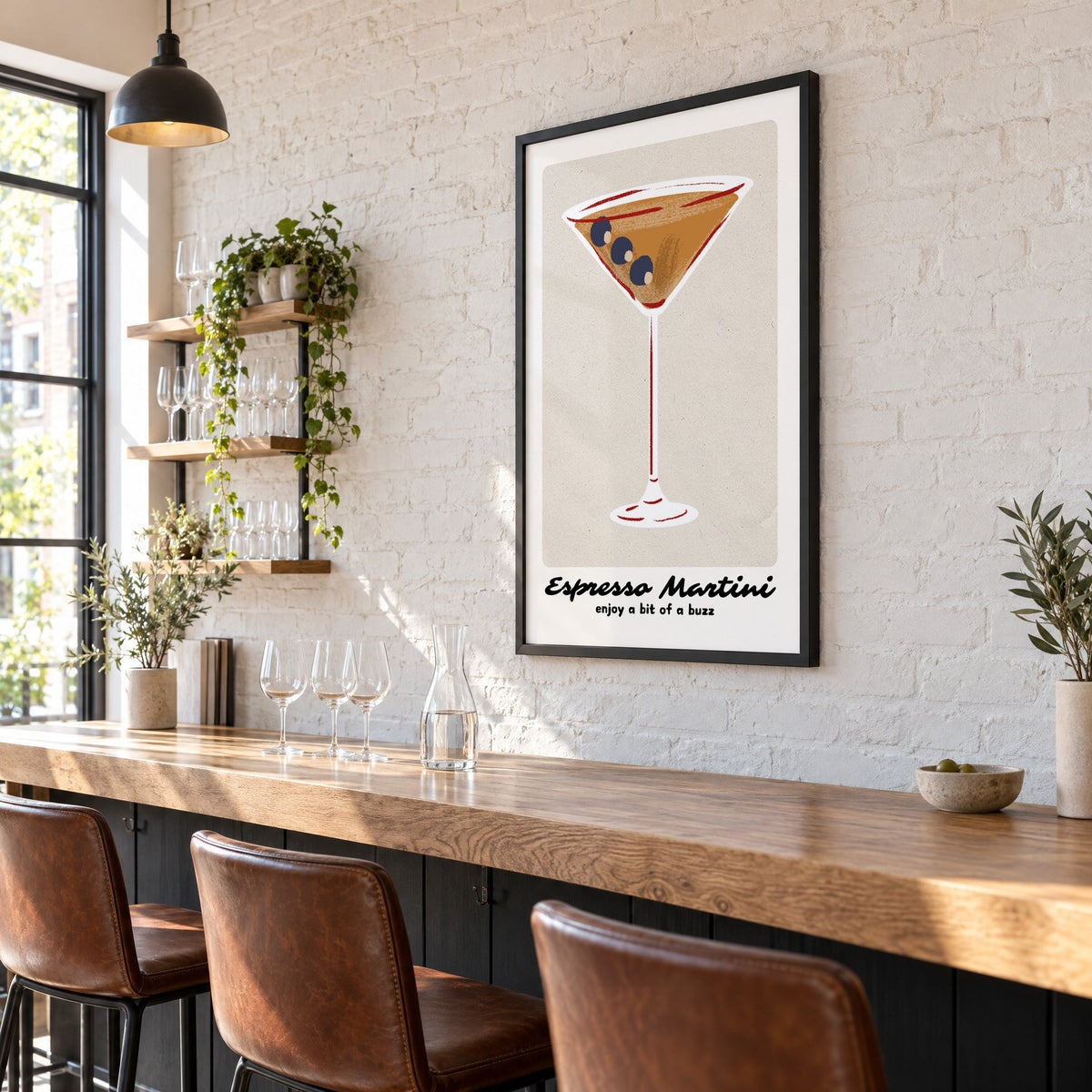 Espresso Martini cocktail glass print in a black frame on a white brick wall above a wine bar counter