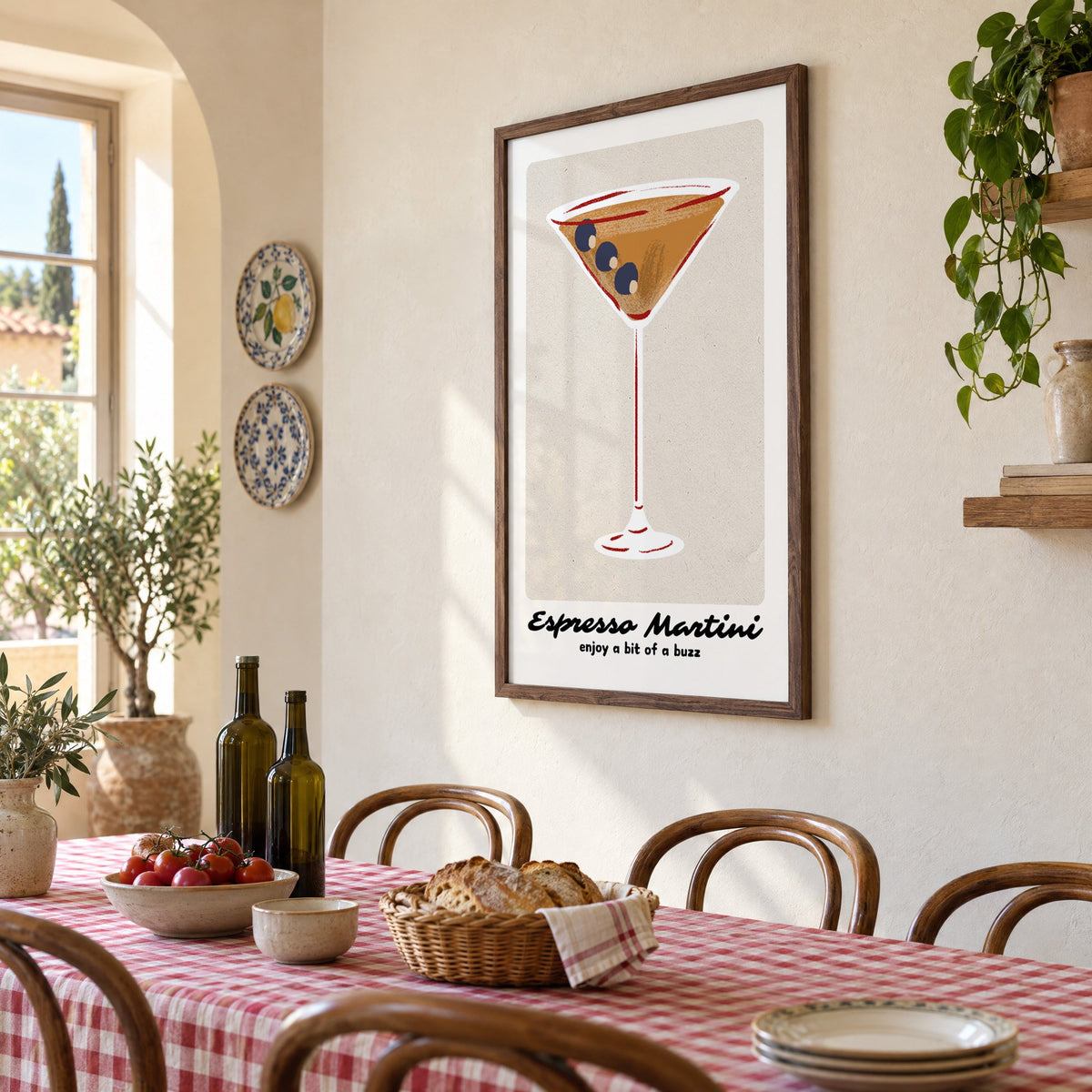 Espresso Martini cocktail glass print in a walnut frame above a gingham-covered trattoria table, seen at an angle