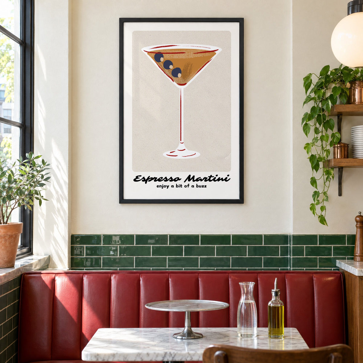 Espresso Martini cocktail glass print in a black frame above a red leather booth in a sunny pizzeria
