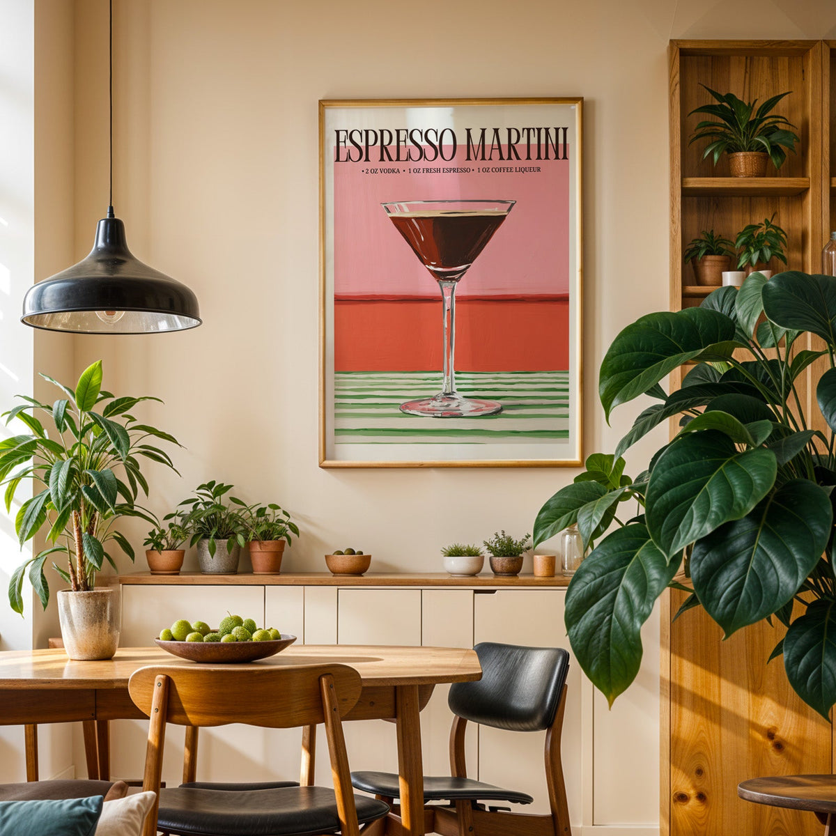 Espresso martini recipe print in an oak frame in a dining room above a plant-lined sideboard
