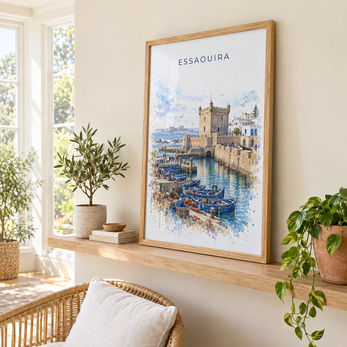 Essaouira watercolor print in an oak frame on a picture ledge in a sunlit sunroom