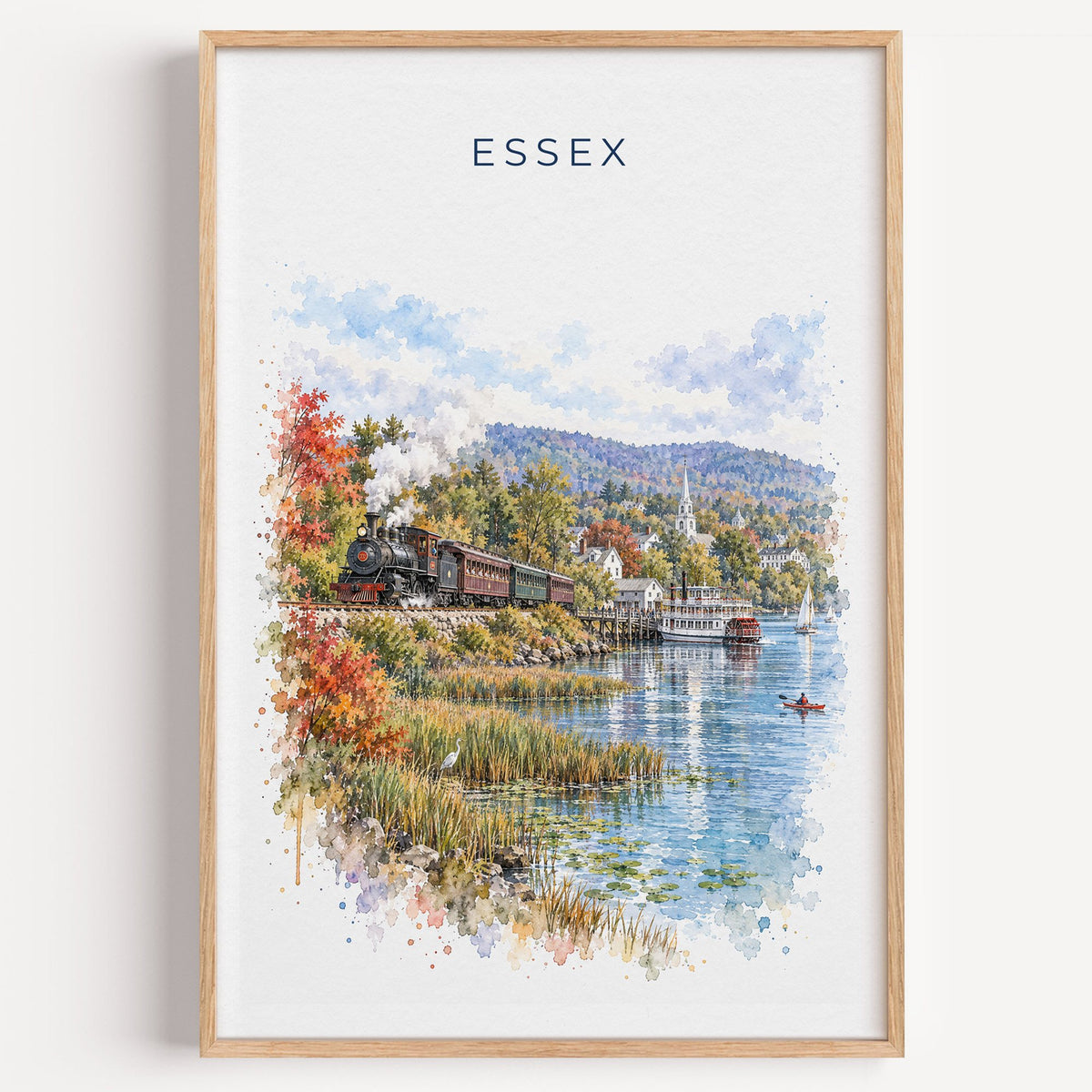 Essex, Connecticut watercolor print in a light oak frame on a plain white wall