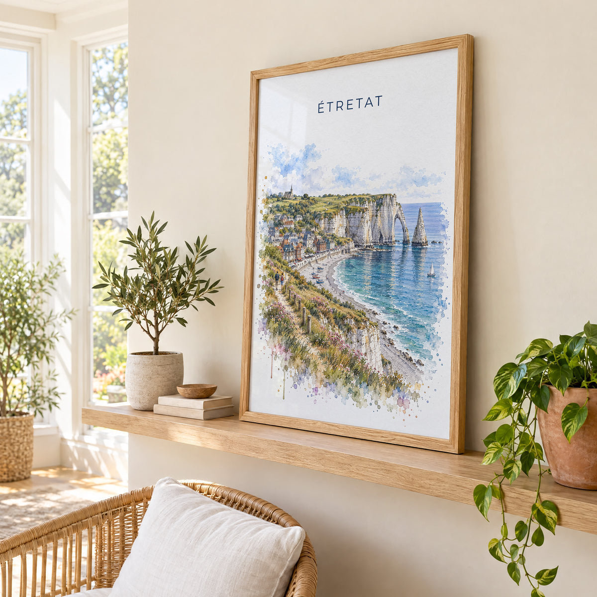 Étretat watercolor print in an oak frame on a picture ledge in a sunlit sunroom