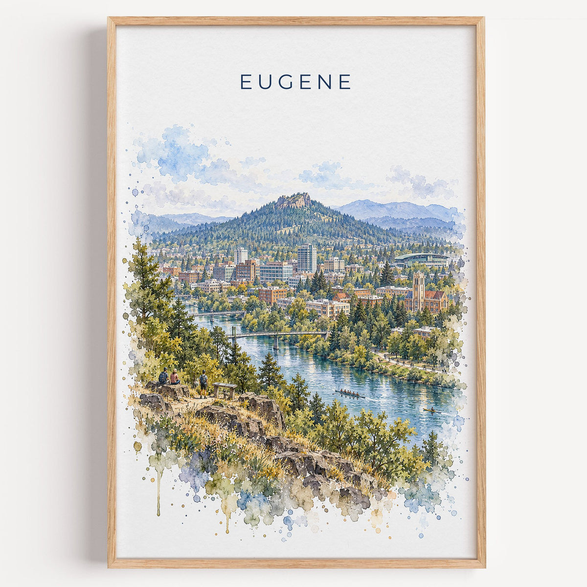 Eugene, Oregon watercolor print in a light oak frame on a plain white wall