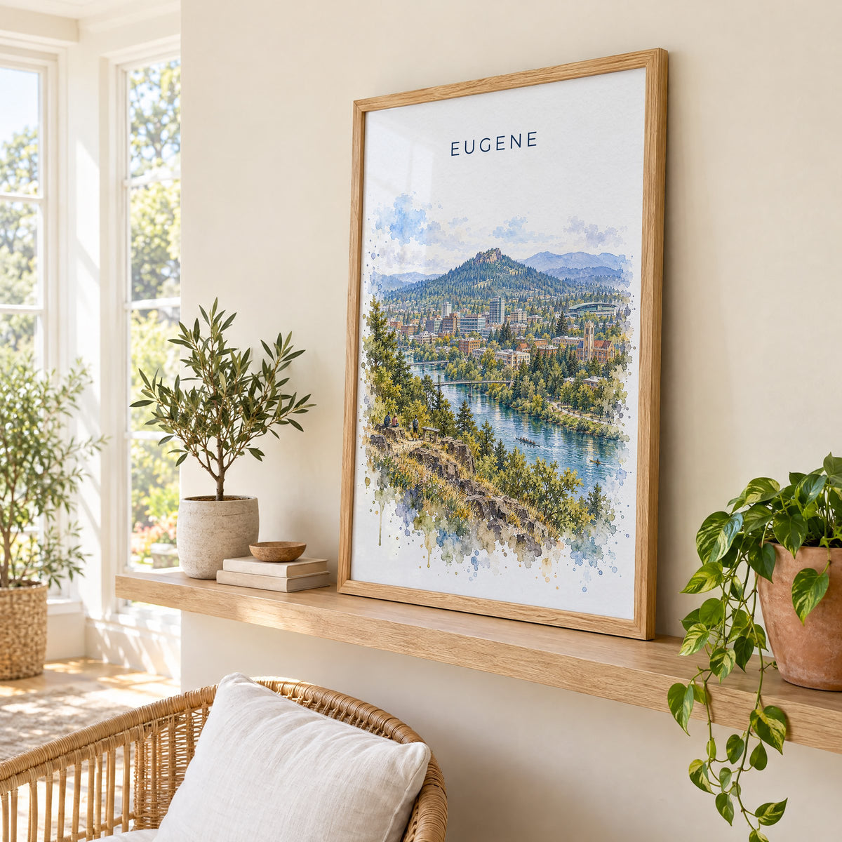 Eugene, Oregon watercolor print in an oak frame on a picture ledge in a sunlit sunroom