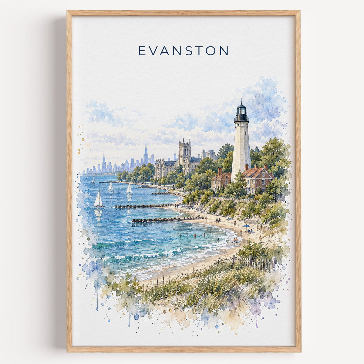 Evanston watercolor print in a light oak frame on a plain white wall