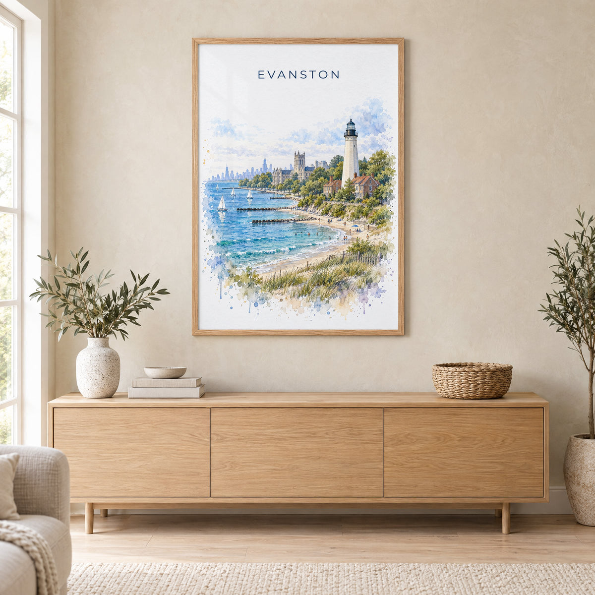 Evanston watercolor print in an oak frame above a light wood sideboard in a Scandinavian living room