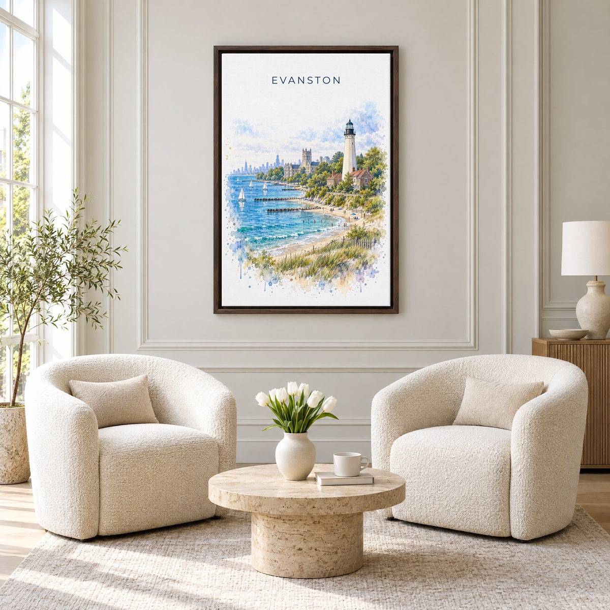 Evanston watercolor print as an espresso floater canvas above two boucle armchairs in a hotel lounge