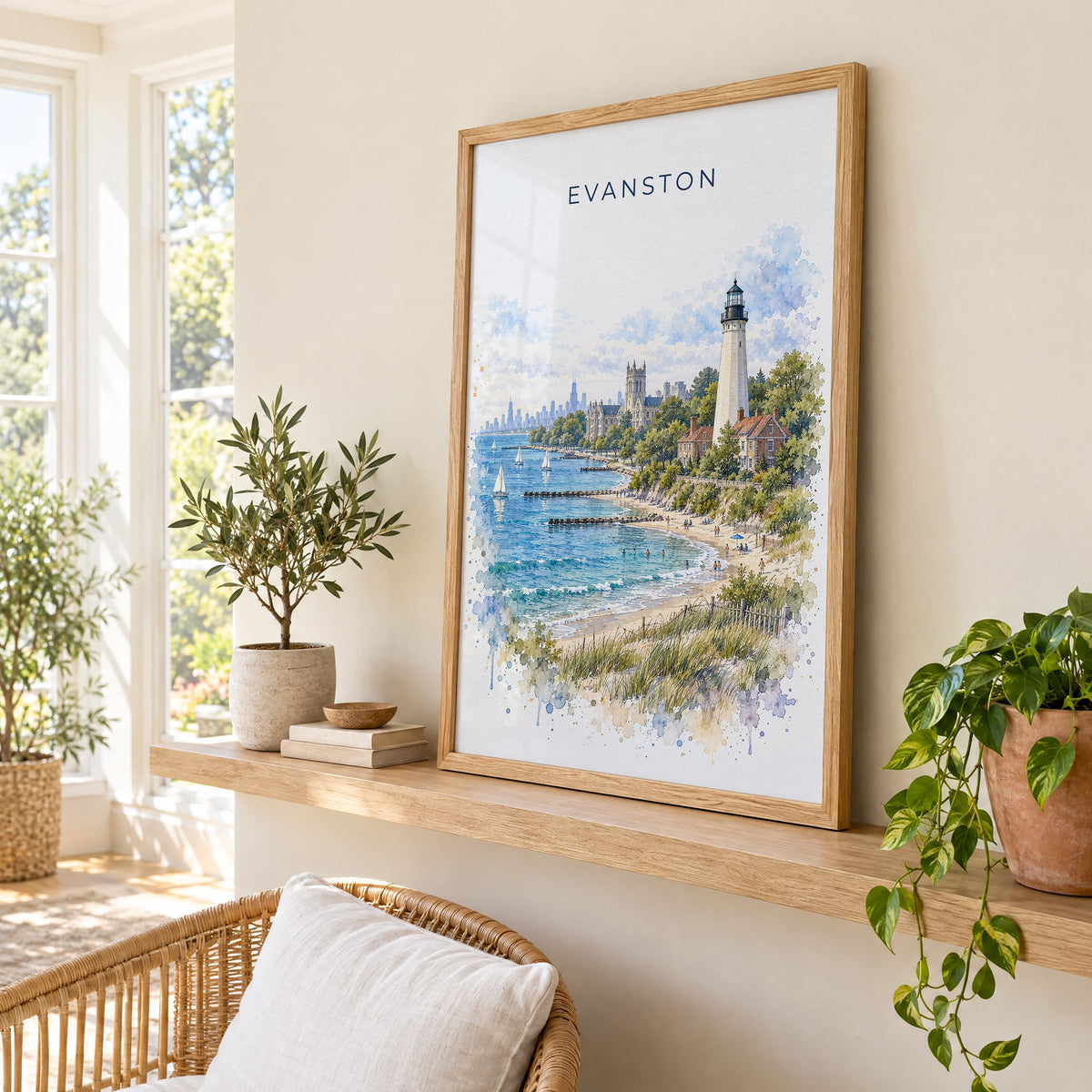 Evanston watercolor print in an oak frame on a picture ledge in a sunlit sunroom