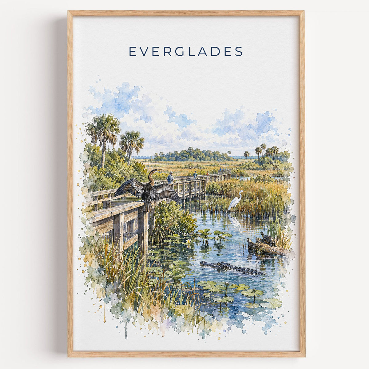 Everglades National Park watercolor print in a light oak frame on a plain white wall