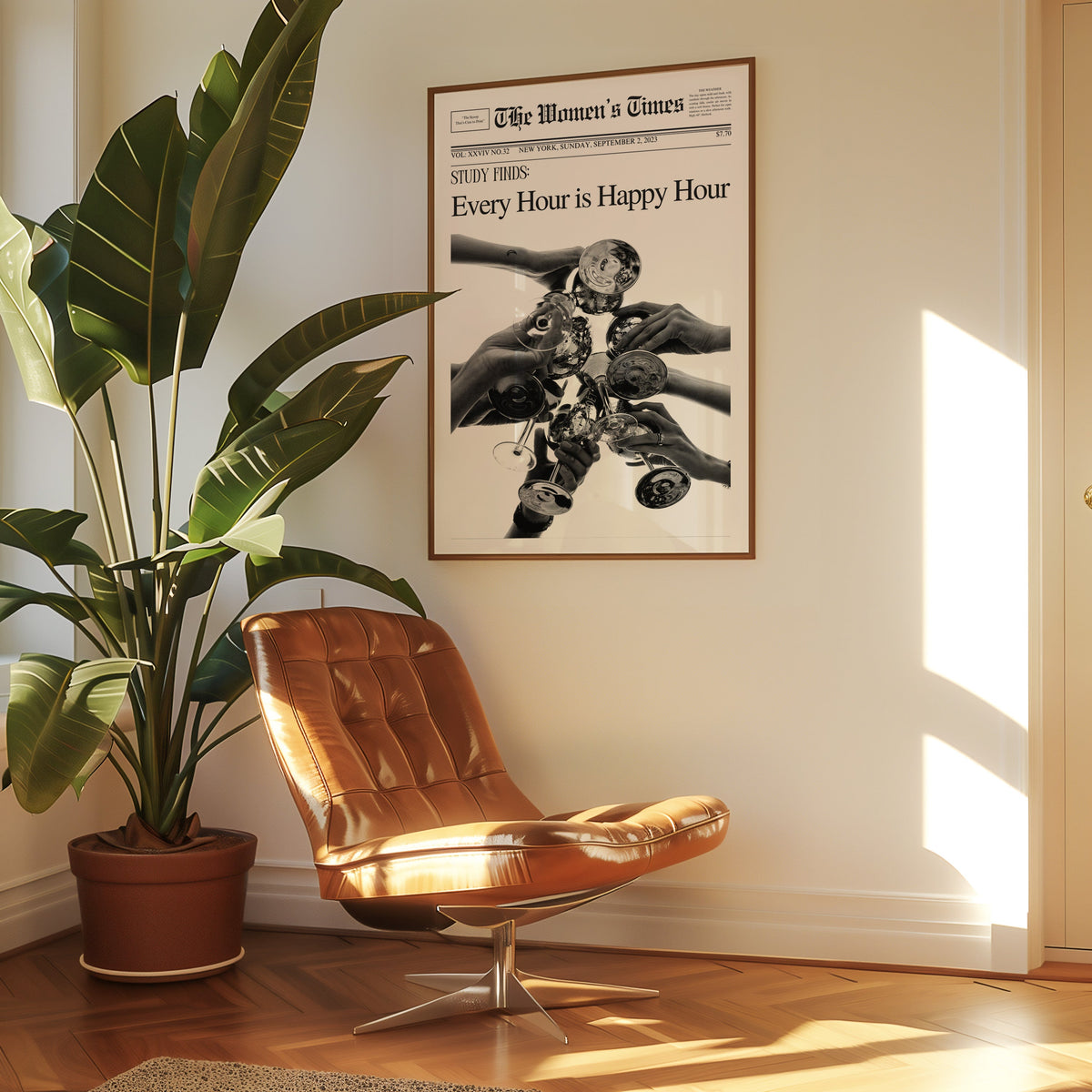 Mock front page with hands toasting cocktail glasses print in a walnut frame above a leather lounge chair