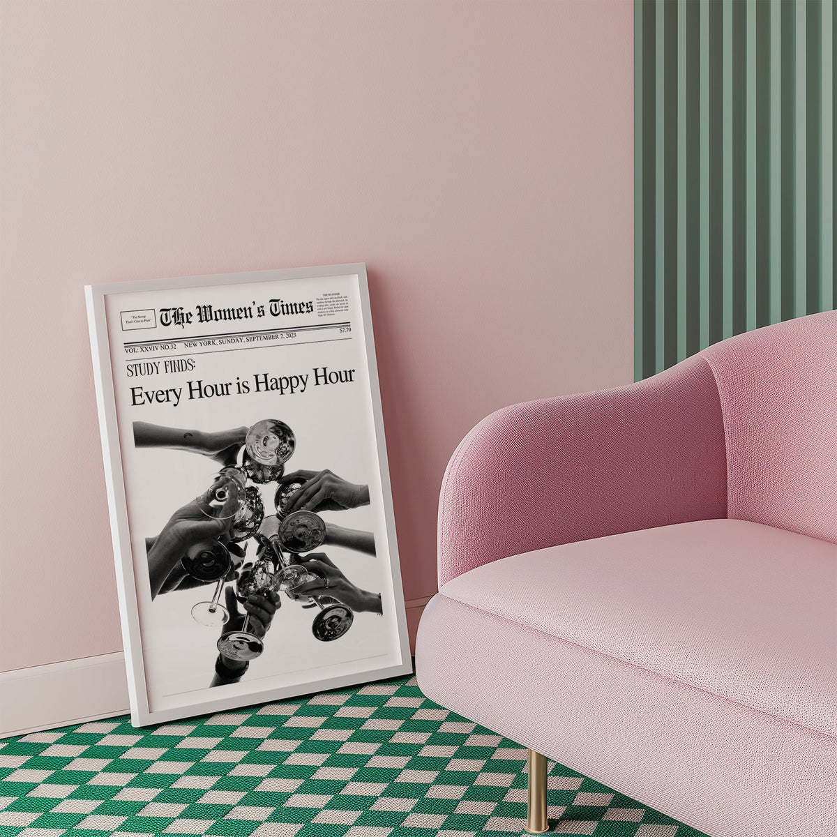 Mock front page with hands toasting cocktail glasses print in a white frame beside a pink armchair on a checkered floor