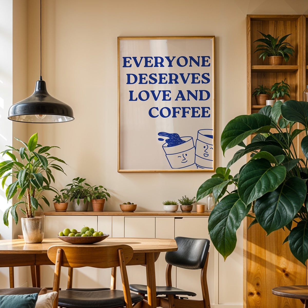 Everyone Deserves Love and Coffee print in an oak frame in a dining room above a plant-lined sideboard