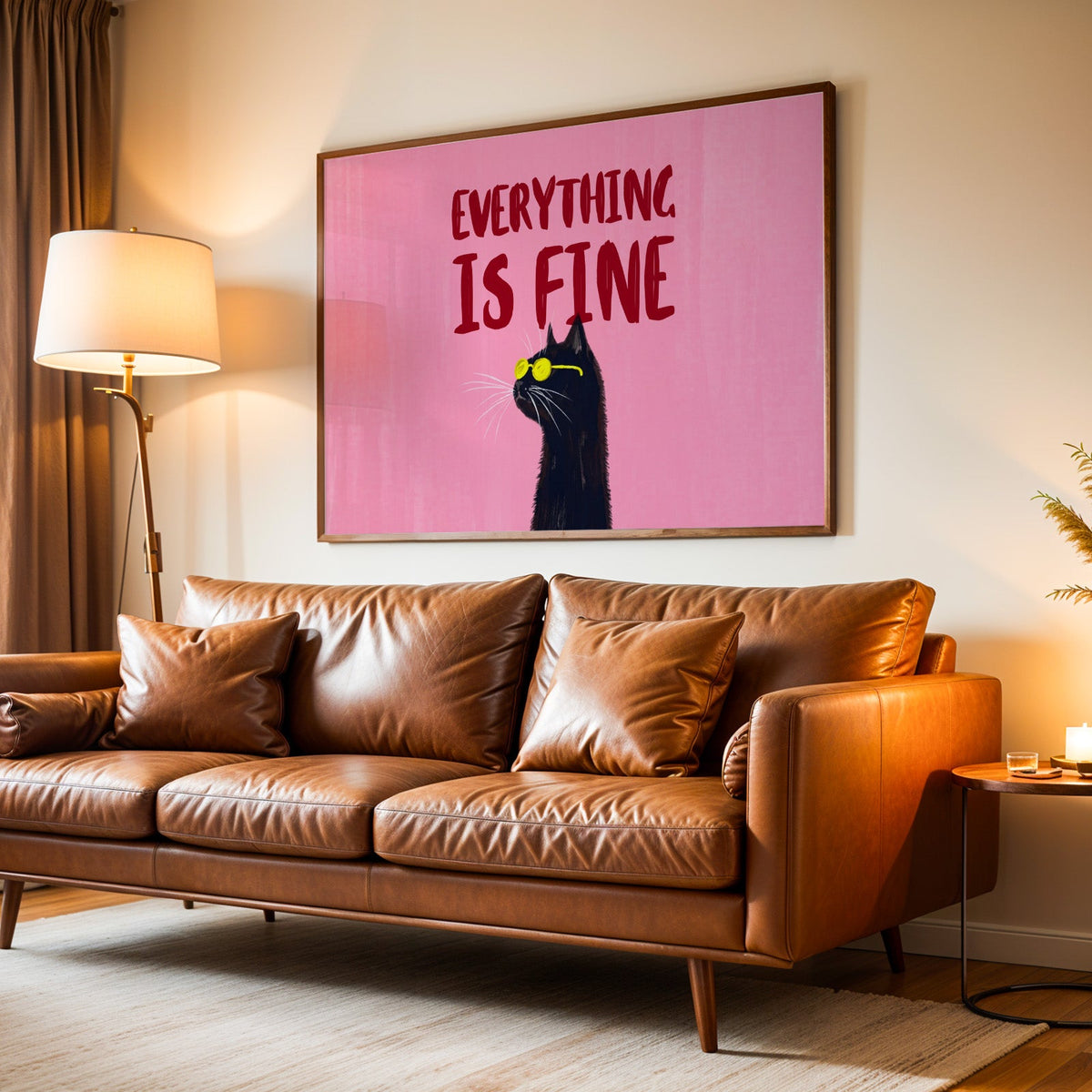 Pink cat in sunglasses print in a walnut frame above a leather sofa by lamplight
