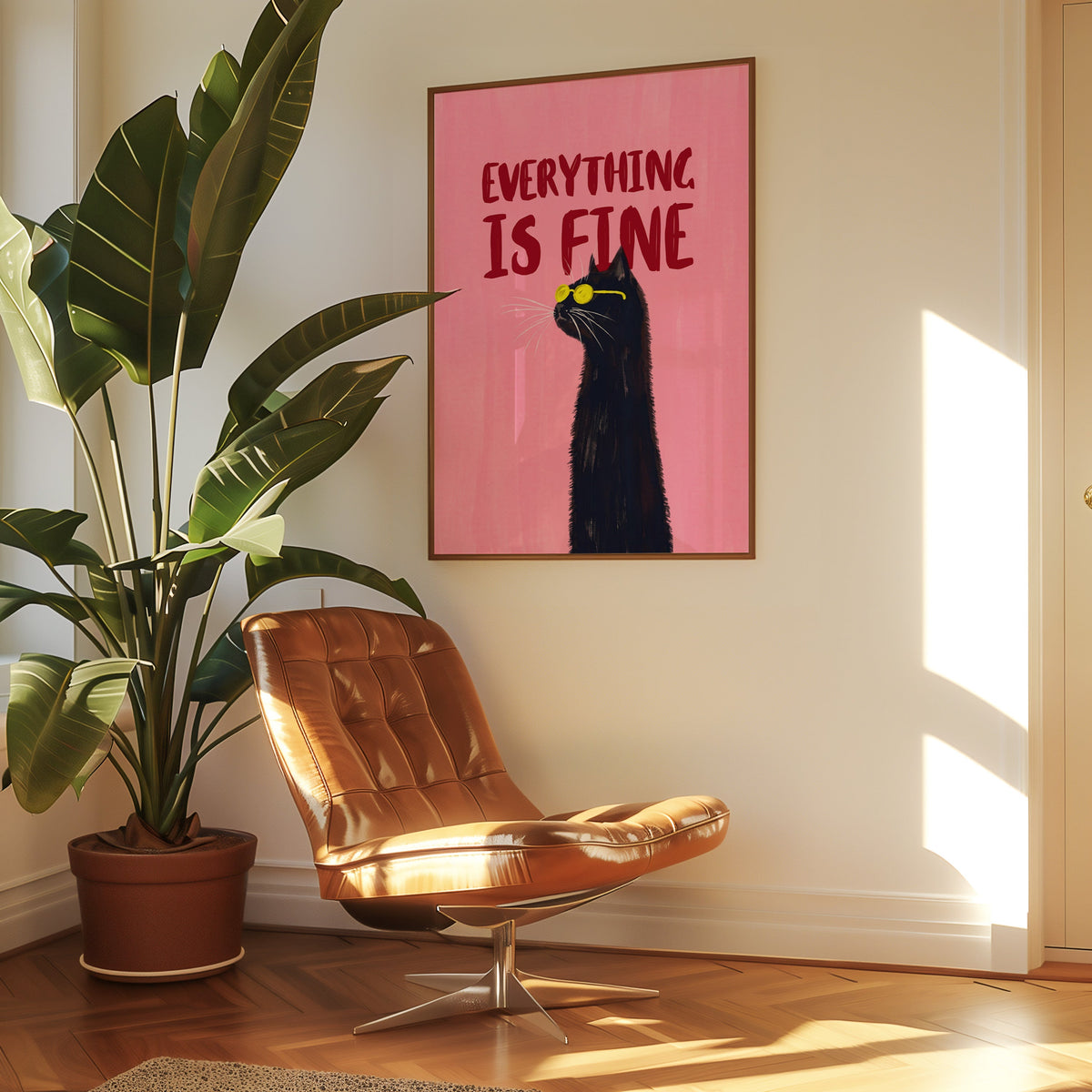Funny cat in sunglasses print in a slim walnut frame above a tan leather lounge chair