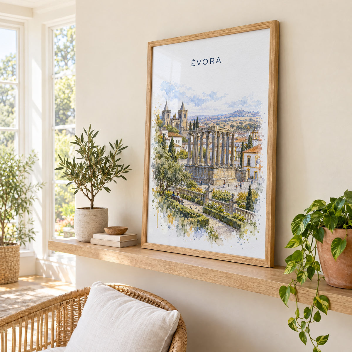 Évora watercolor print in an oak frame on a picture ledge in a sunlit sunroom