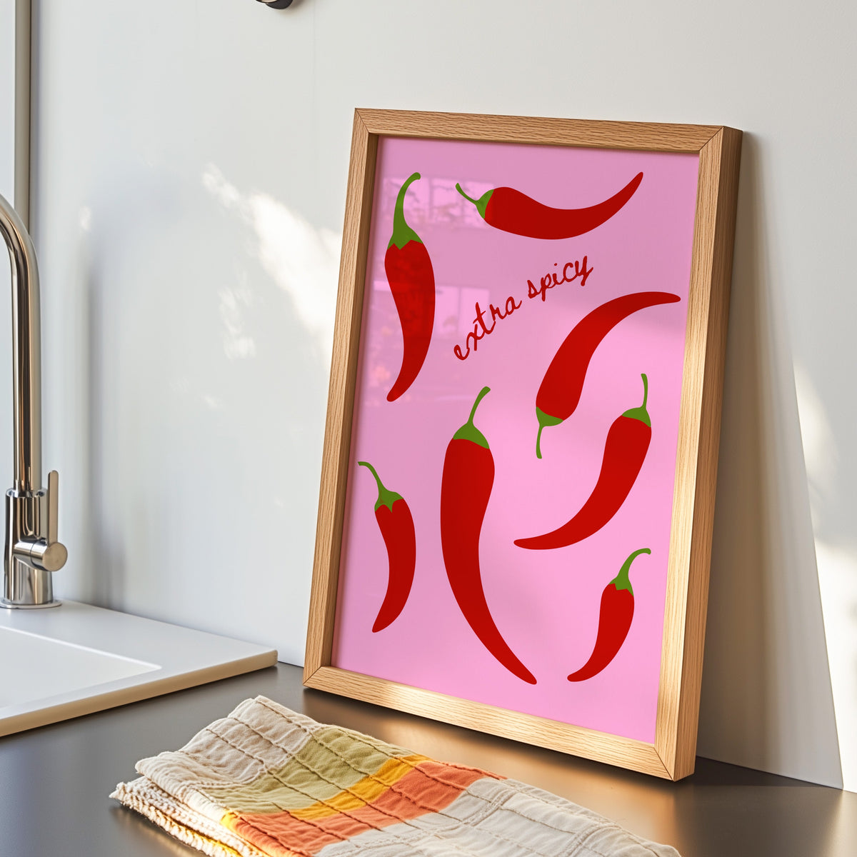 Chilli pepper print in an oak frame by the kitchen sink beside a striped tea towel