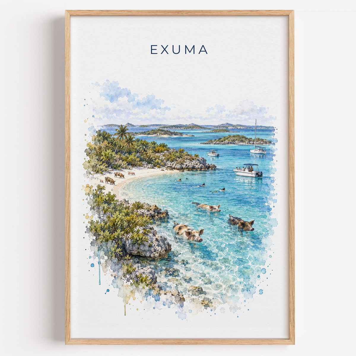 Exuma watercolor print in a light oak frame on a plain white wall