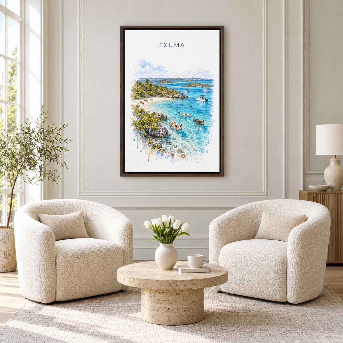 Exuma watercolor print as an espresso floater canvas above two boucle armchairs in a hotel lounge