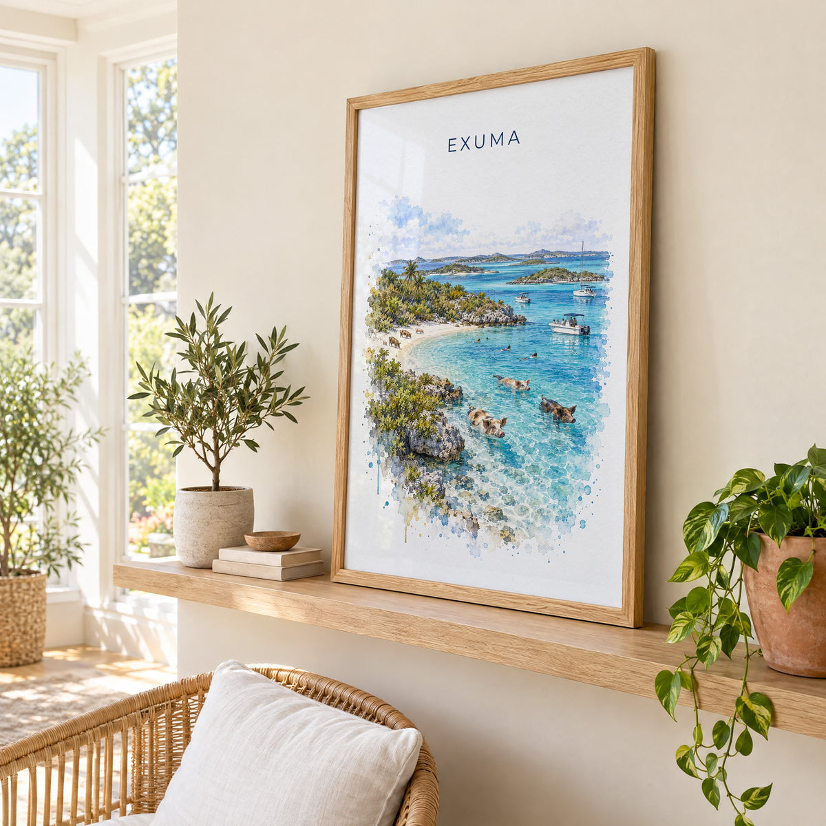 Exuma watercolor print in an oak frame on a picture ledge in a sunlit sunroom