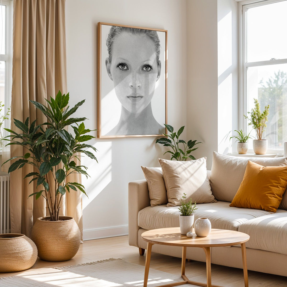 Bright face closeup with dark lashes print in an oak frame above a cream sofa beside woven planters