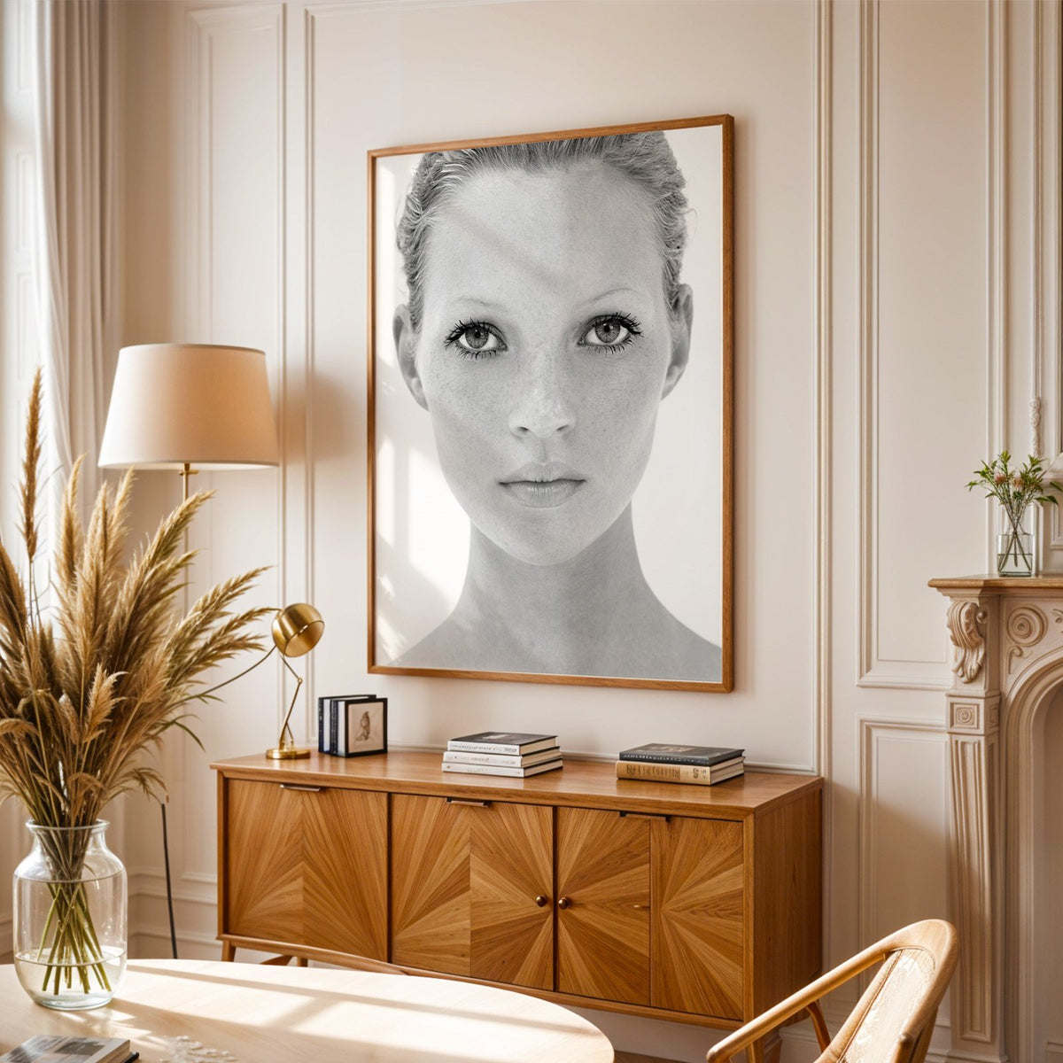 Bright face closeup with dark lashes print in an oak frame above a sunburst wood sideboard with pampas grass
