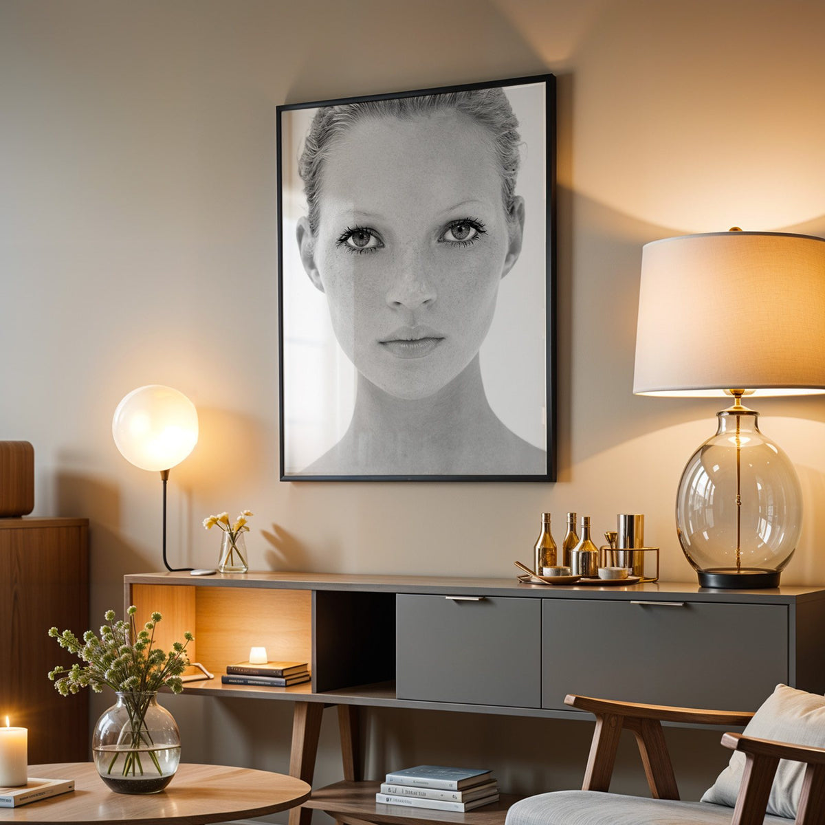Bright face closeup with dark lashes print in a black frame above a grey media console with a glass table lamp