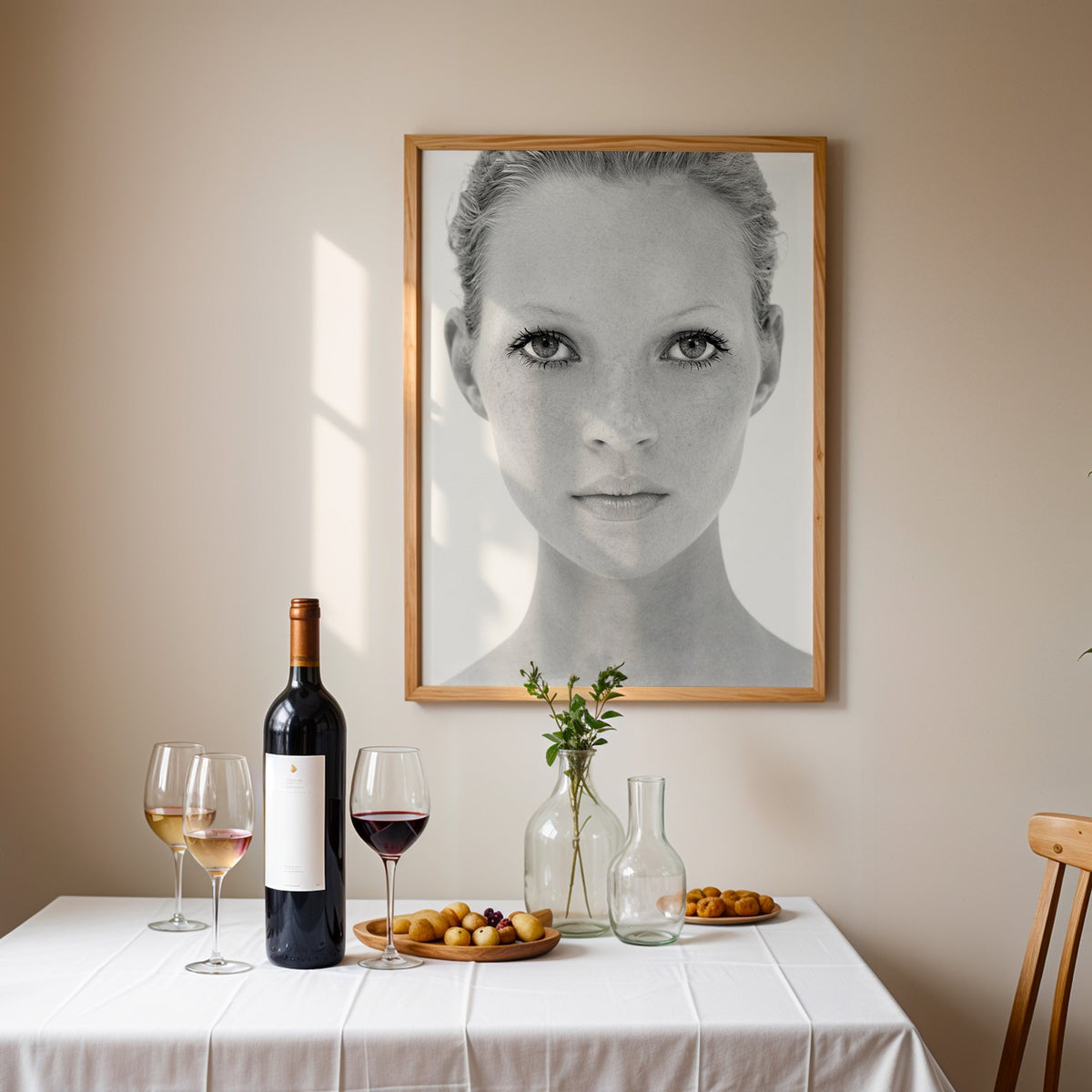 Bright face closeup with dark lashes print in an oak frame above a table set with red wine and glasses