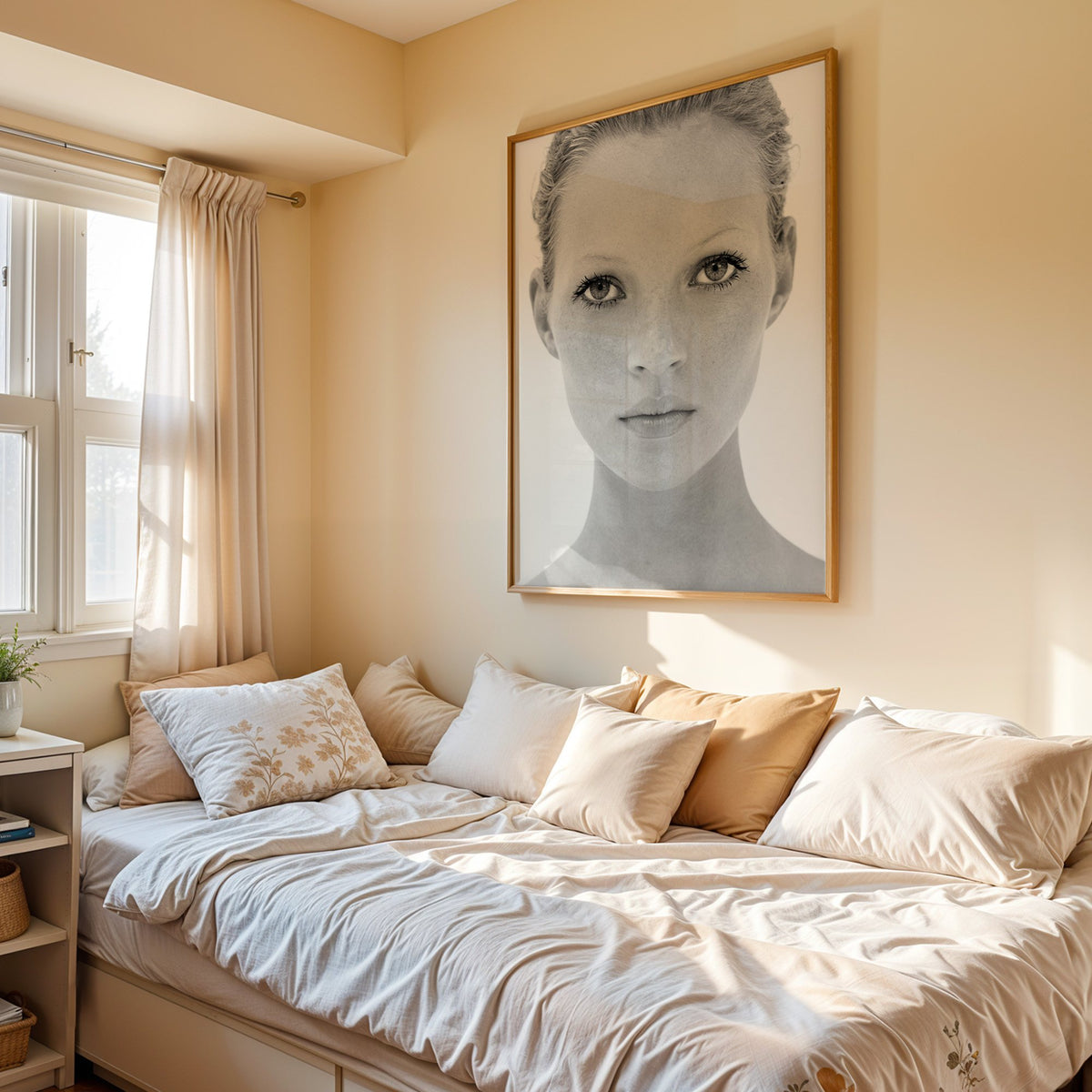 Bright face closeup with dark lashes print in an oak frame above a cream daybed in a sunny bedroom