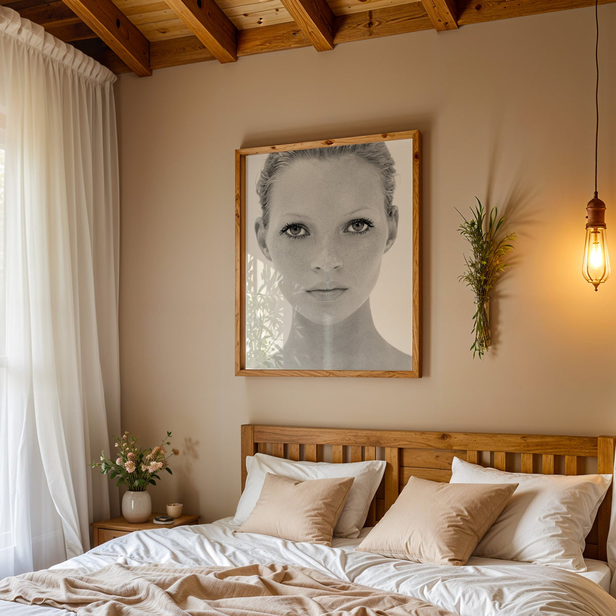 Bright face closeup with dark lashes print in a pine frame above a wood headboard bed under a pendant bulb