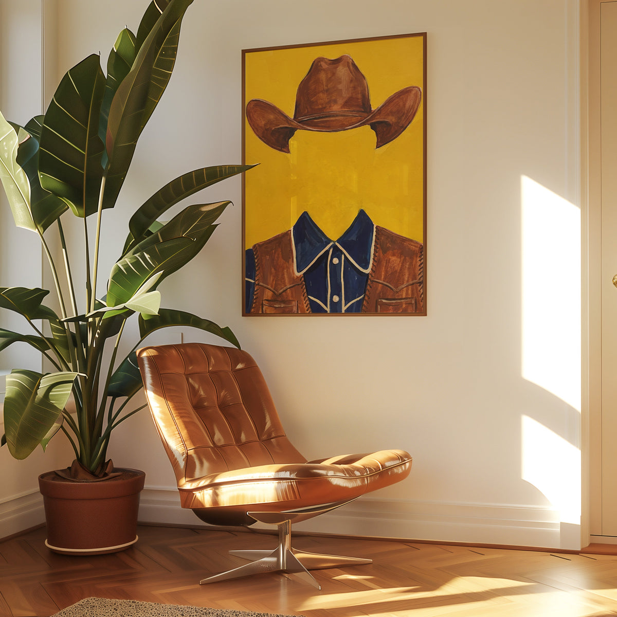 Cowboy hat and vest print in a slim walnut frame above a tan leather lounge chair