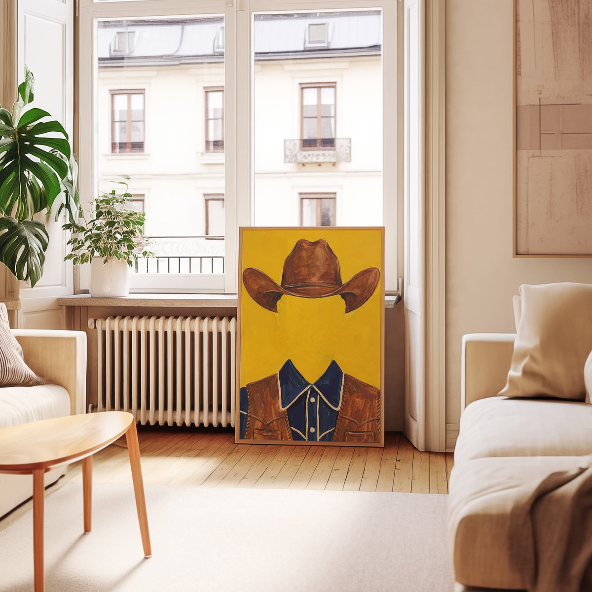Modern western portrait print in an oak frame leaning below tall French windows