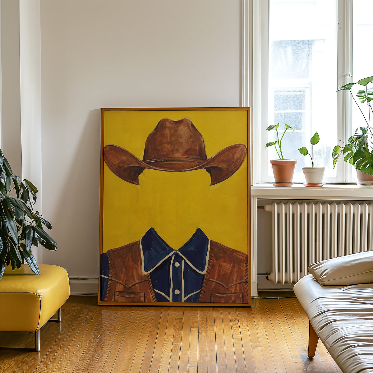 Western shirt and hat print in an oak frame leaning beside a yellow leather bench