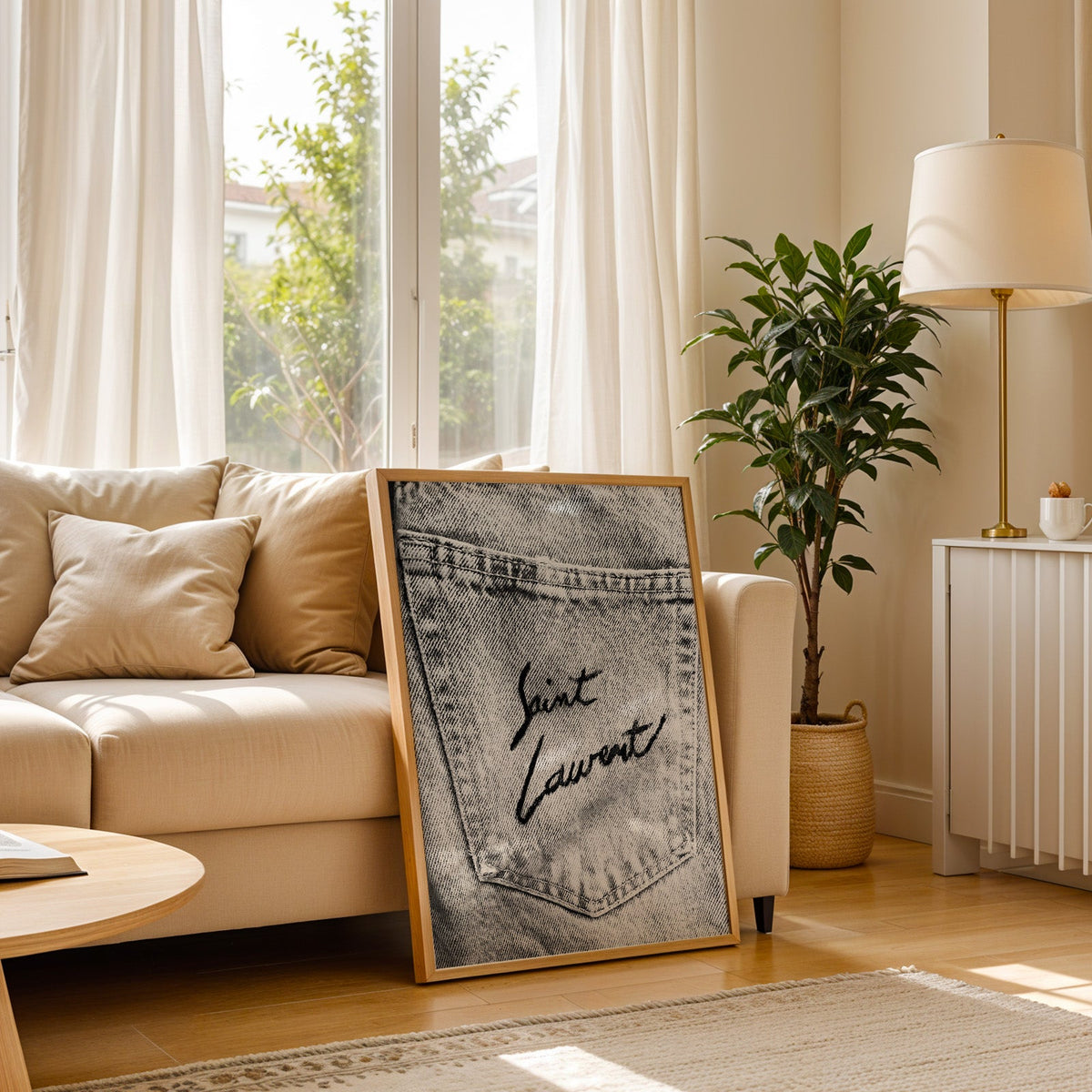 Black script on faded grey denim pocket print in a light oak frame leaning on a cream sofa beside a floor lamp