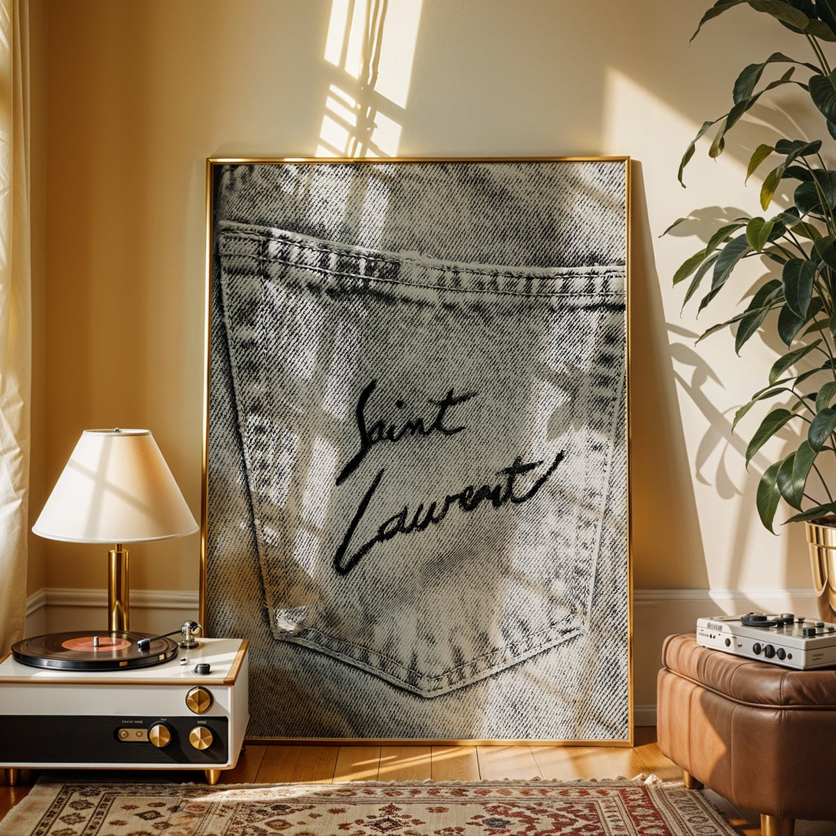 Black script on faded grey denim pocket print shown in a gold frame beside a record player and table lamp