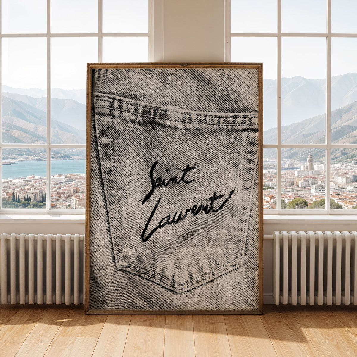 Black script on faded grey denim pocket print shown in an antique gold frame by tall windows with a sea view