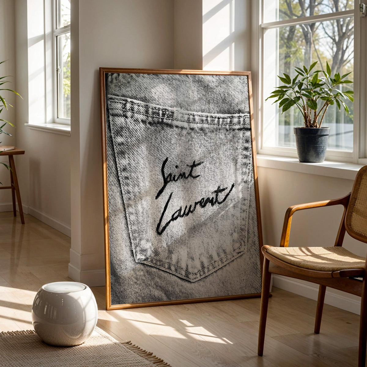 Black script on faded grey denim pocket print in a walnut frame on a wood floor beside a cane chair and sunny window