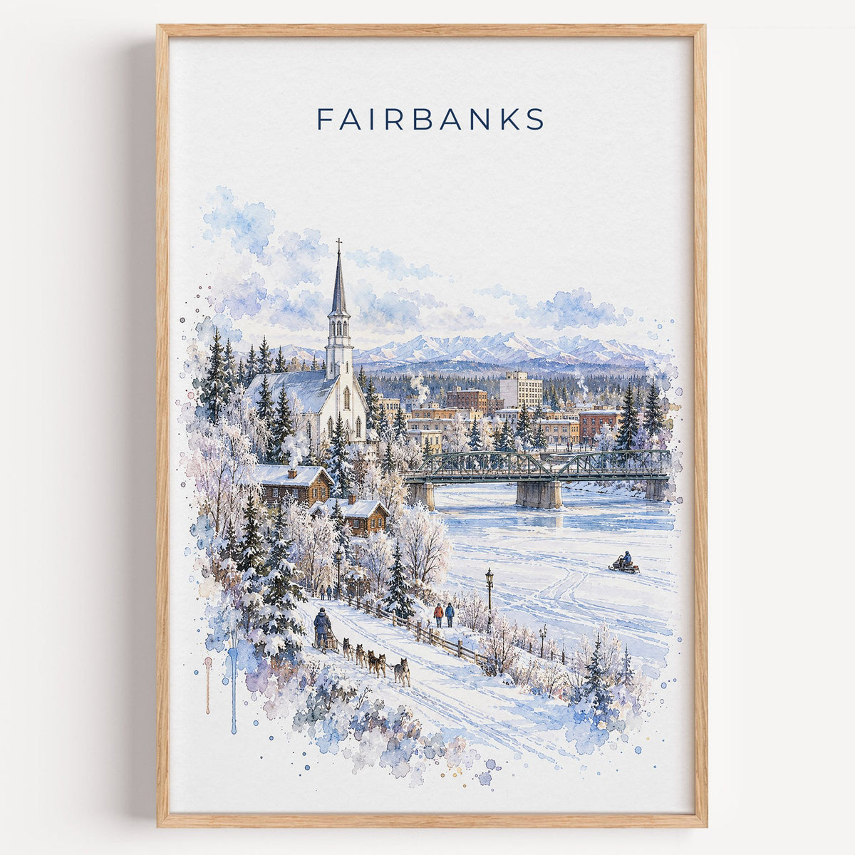Fairbanks watercolor print in a light oak frame on a plain white wall