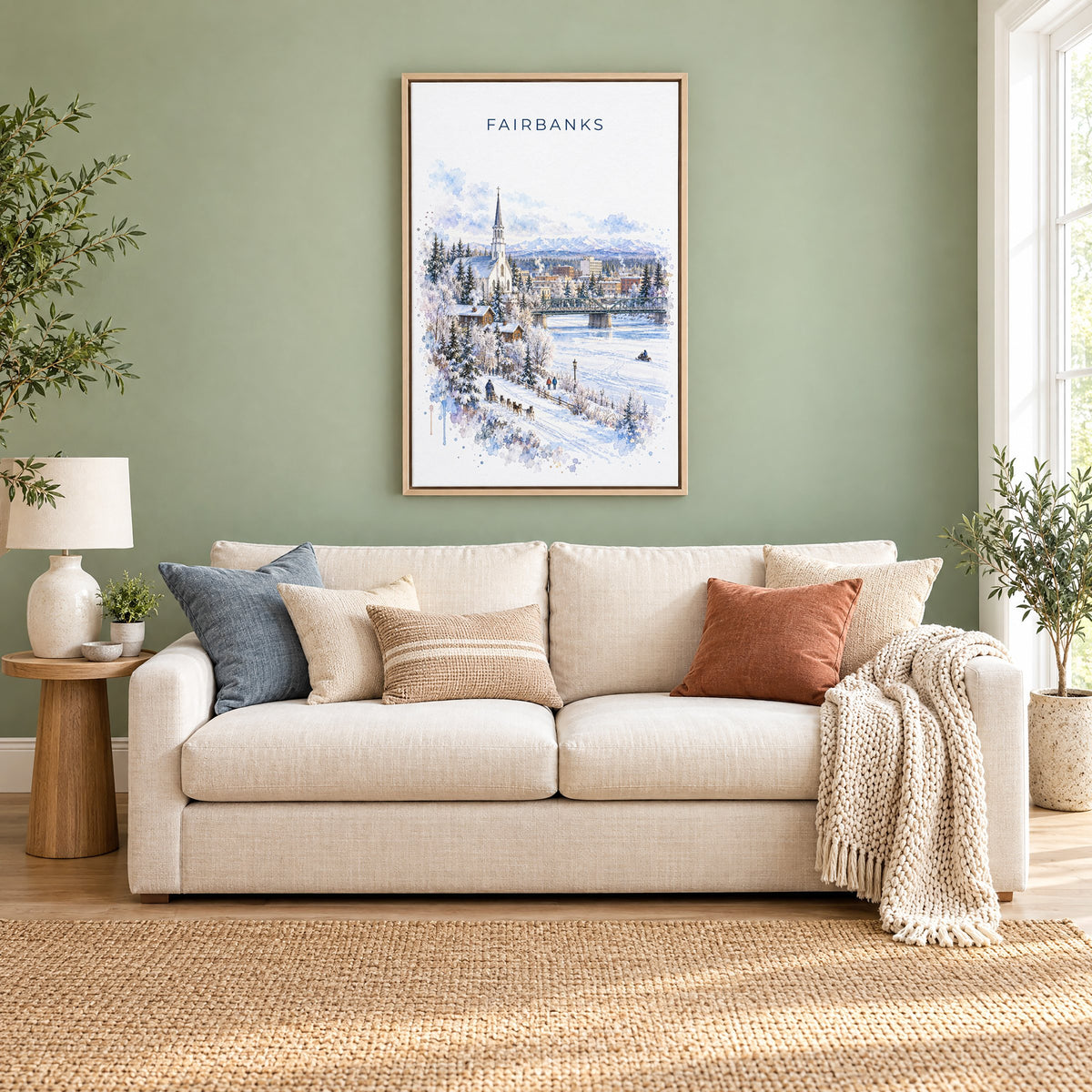 Fairbanks watercolor print as a natural floater canvas above a cream linen sofa on a sage green wall