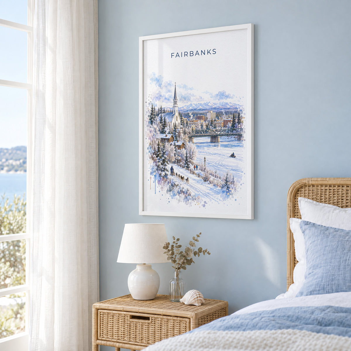 Fairbanks watercolor print in a white frame on a pale blue wall beside a rattan bed in a coastal bedroom