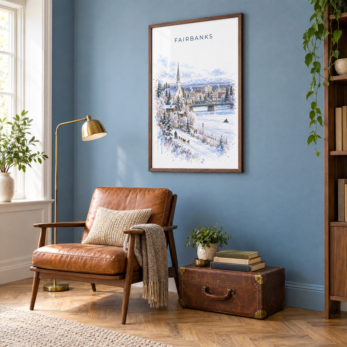 Fairbanks watercolor print in a walnut frame on a blue wall above a leather armchair in a reading nook
