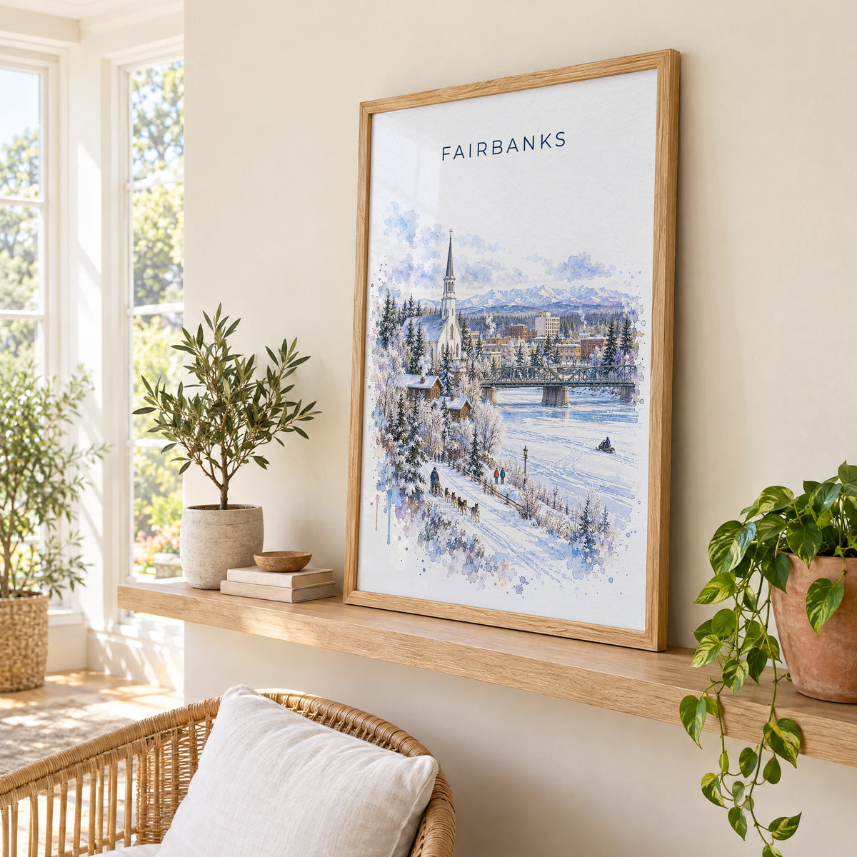 Fairbanks watercolor print in an oak frame on a picture ledge in a sunlit sunroom